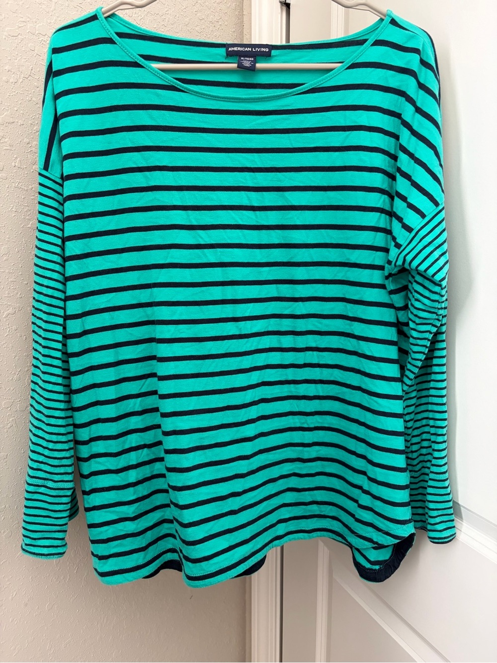 American Living Teal and Black Striped Long Sleeve Tee
